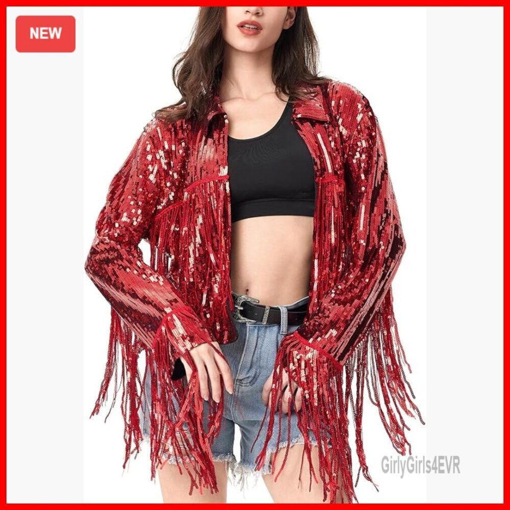 Sequin Fringe Jacket Long Sleeve Open Front Casual Glitter Tassel Coat